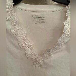 Chico's  95% Cotton 3/4 Sleeve Top with Floral Lace V-Neck. Color Alabaster